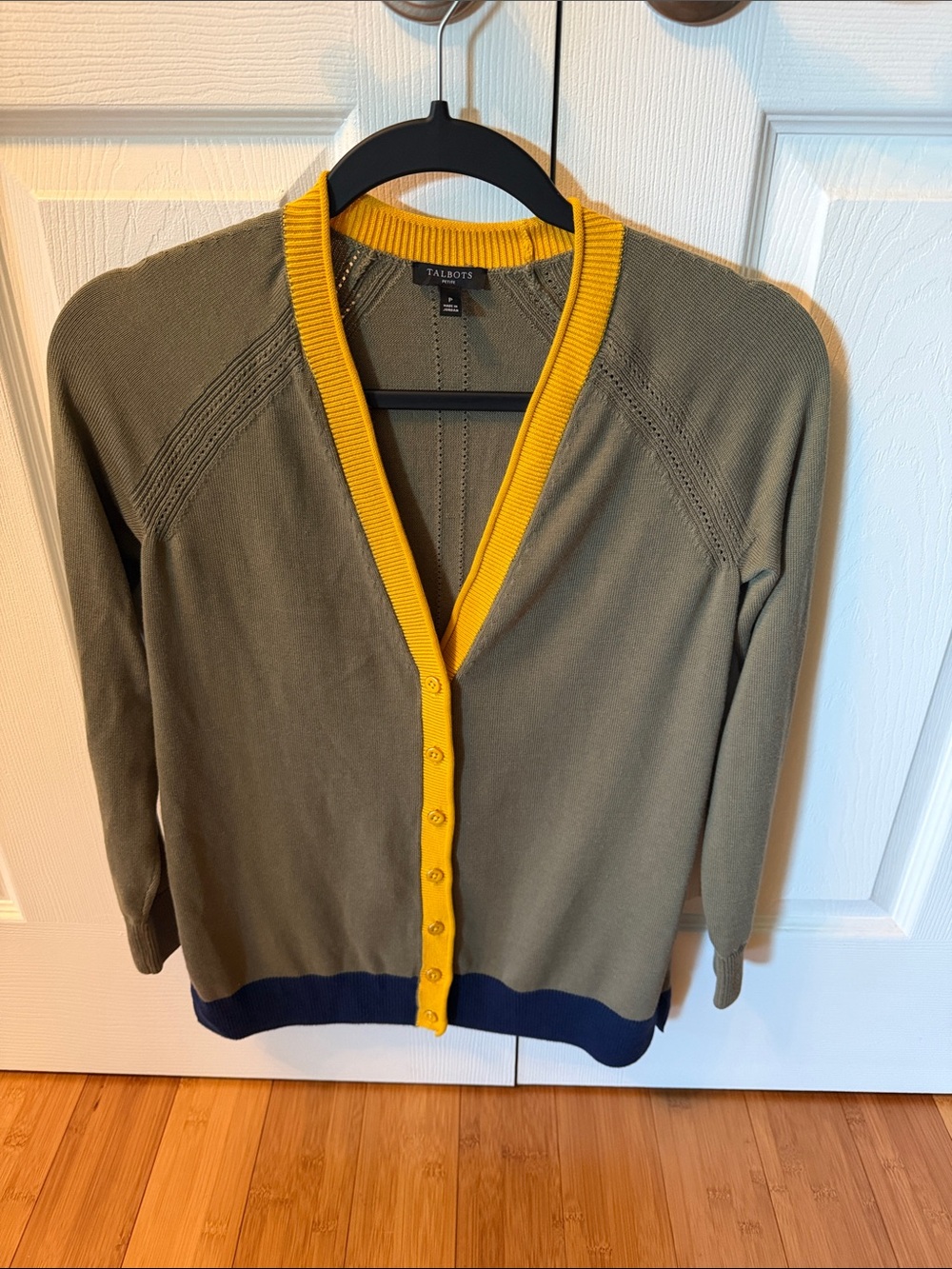 Talbots Olive Cardigan with Yellow Trim and Navy Hem